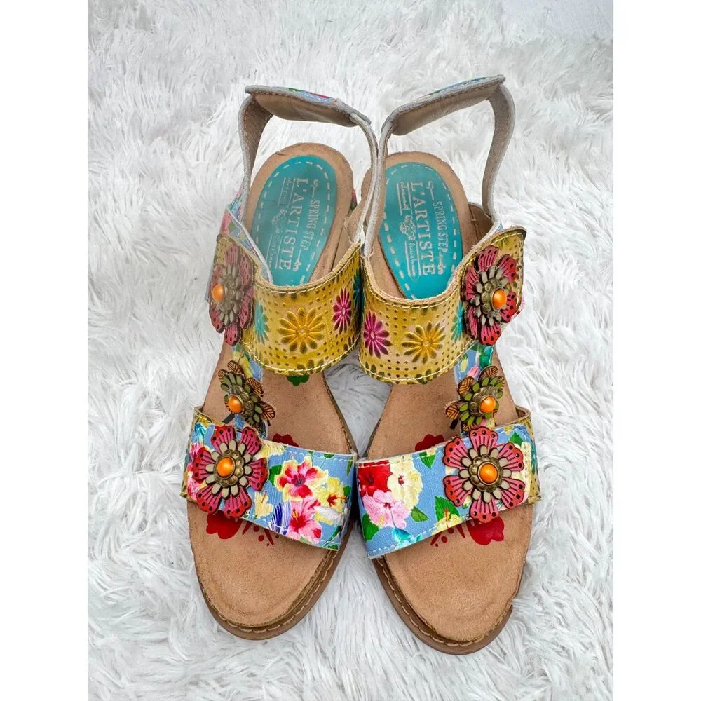 L'Artiste Spring Step Floral Block Heel Sandals Size 37 Multicolor Boho